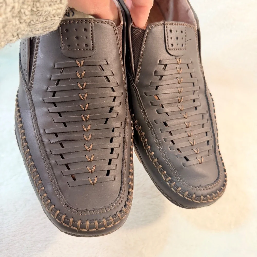 GBX‎ Mens Brown Leather Woven Slip On Loafers Memory Foam Driving Shoes Size 9